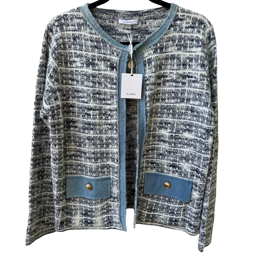 Sioni Coastal Preppy Old Money Denim Boucle Tweed Open Front Blazer Jacket L NEW